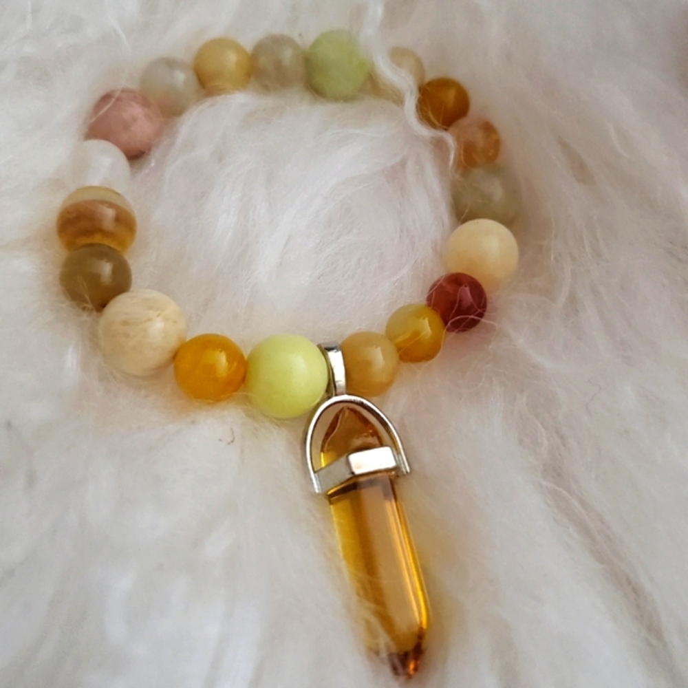 Glass beads with Honey Calcite Crystal pendant - Handmade